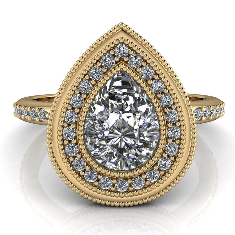 Kasey Pear Center Stone Milgrain Halo Bezel Pinch Diamond Ring