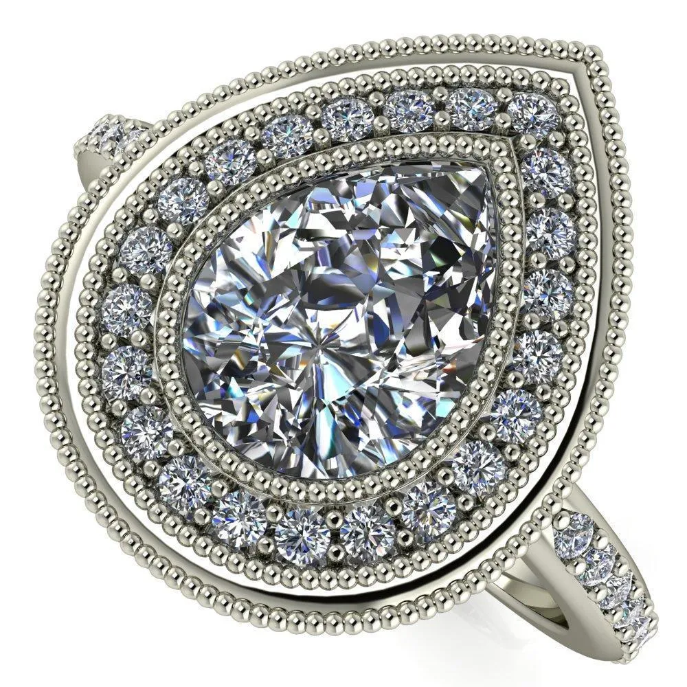 Kasey Pear Center Stone Milgrain Halo Bezel Pinch Diamond Ring