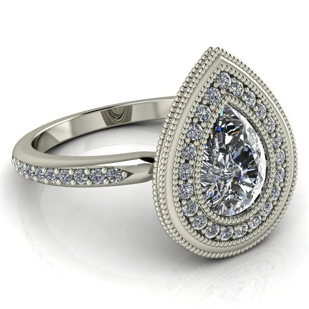 Kasey Pear Center Stone Milgrain Halo Bezel Pinch Diamond Ring