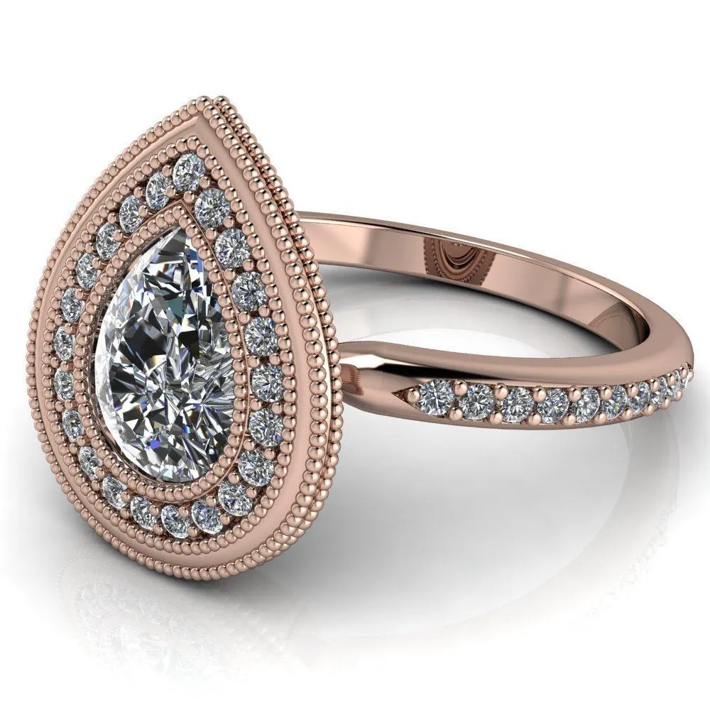 Kasey Pear Center Stone Milgrain Halo Bezel Pinch Diamond Ring