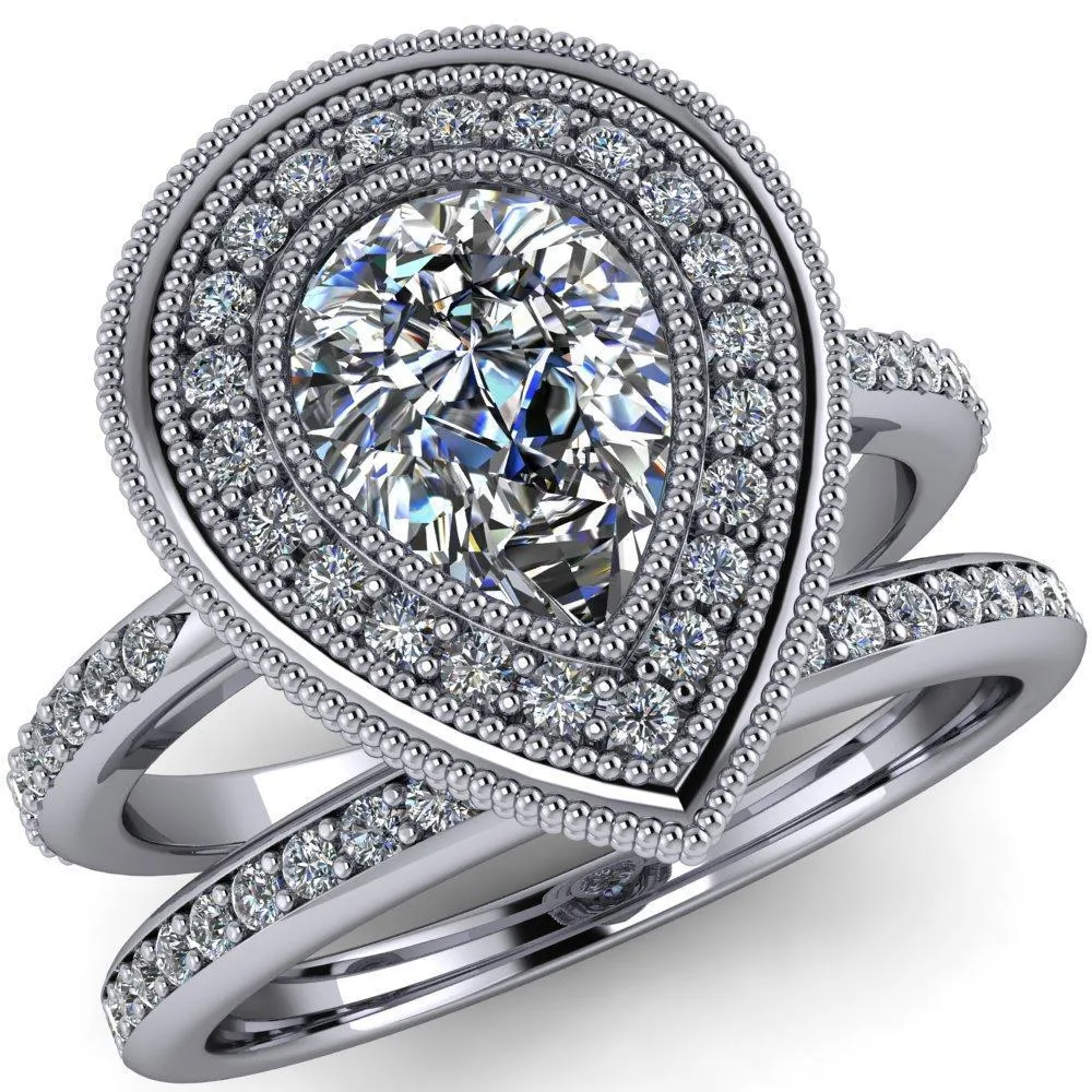 Kasey Pear Center Stone Milgrain Halo Bezel Pinch Diamond Ring
