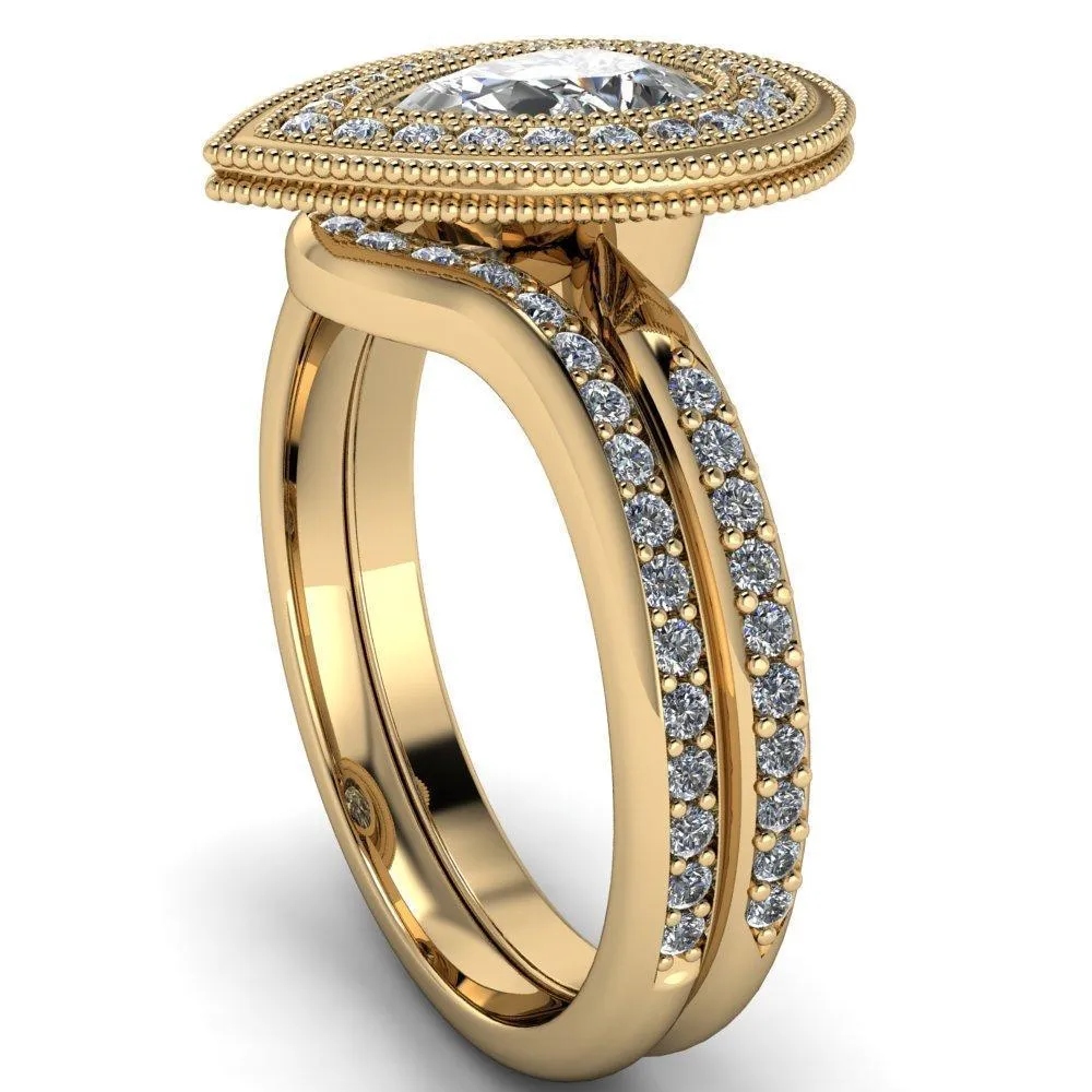 Kasey Pear Center Stone Milgrain Halo Bezel Pinch Diamond Ring