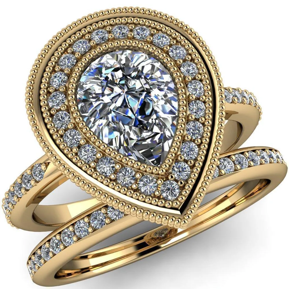 Kasey Pear Center Stone Milgrain Halo Bezel Pinch Diamond Ring
