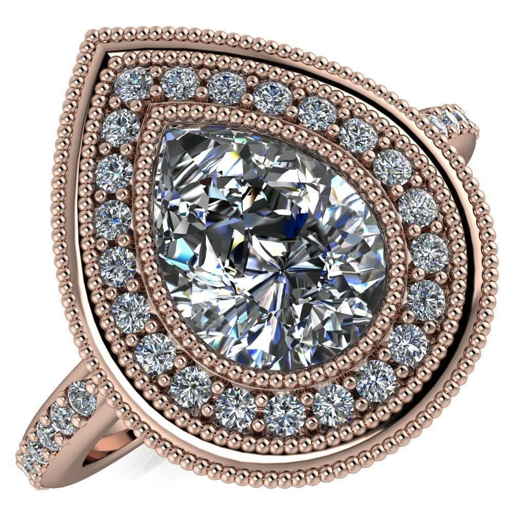 Kasey Pear Center Stone Milgrain Halo Bezel Pinch Diamond Ring