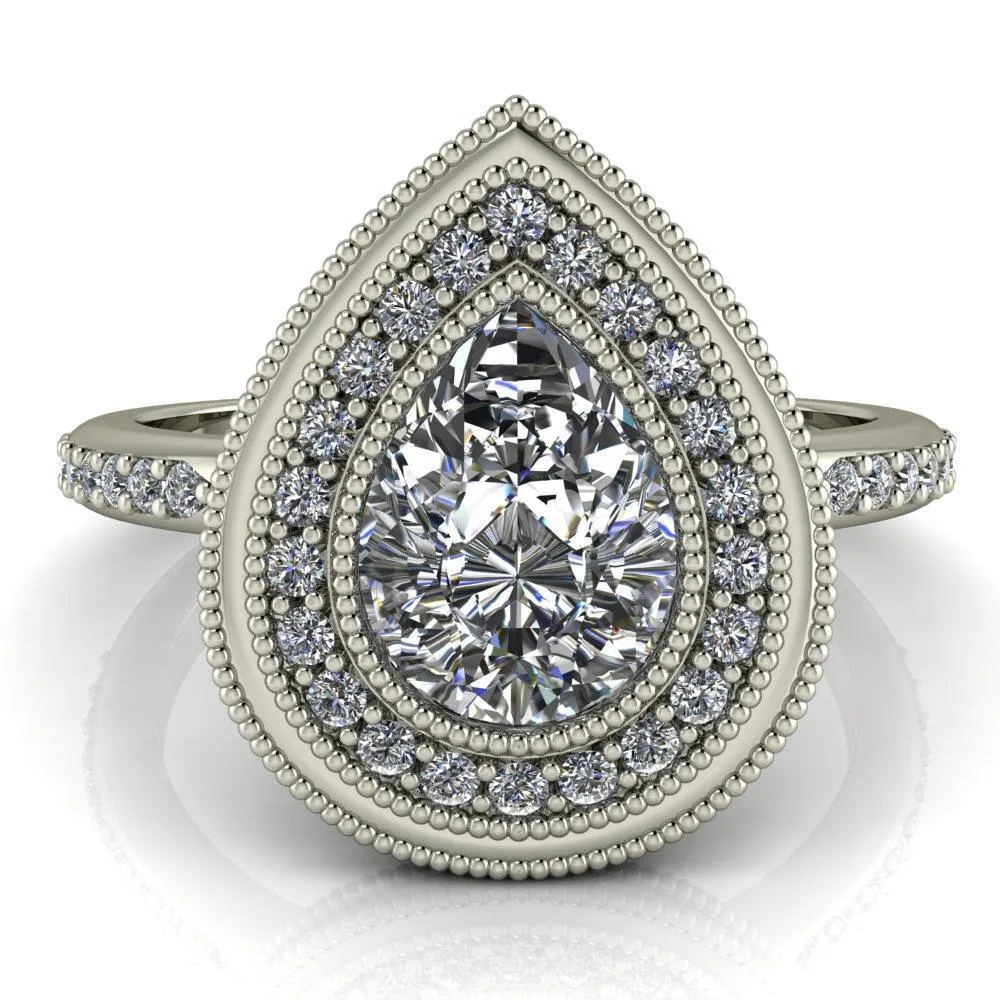 Kasey Pear Center Stone Milgrain Halo Bezel Pinch Diamond Ring