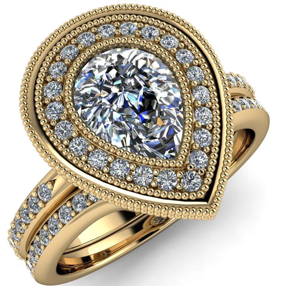 Kasey Pear Center Stone Milgrain Halo Bezel Pinch Diamond Ring