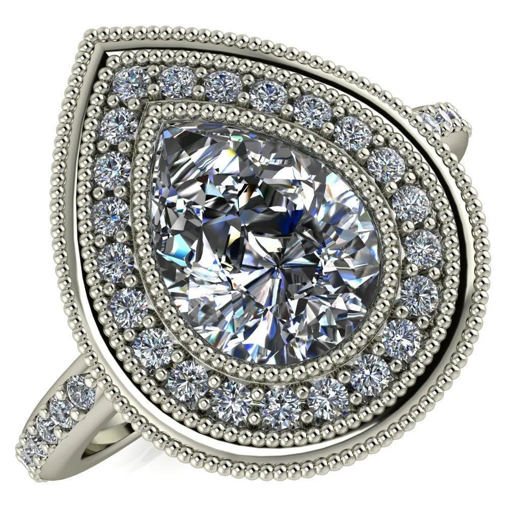 Kasey Pear Center Stone Milgrain Halo Bezel Pinch Diamond Ring