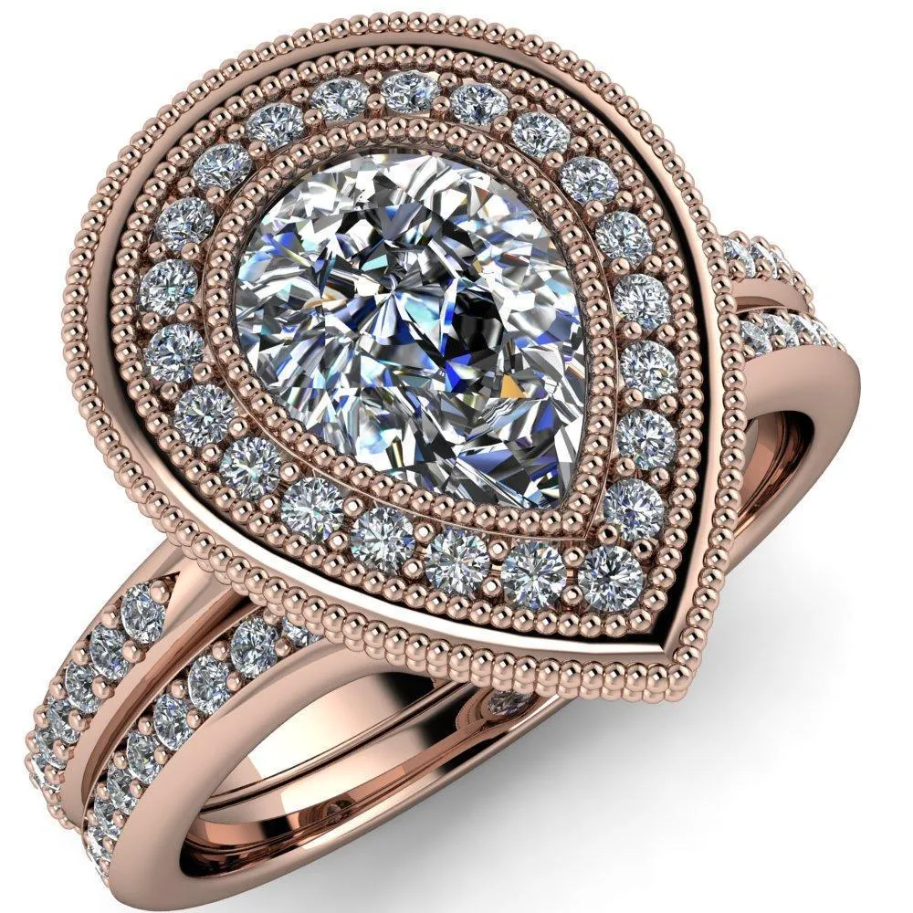 Kasey Pear Center Stone Milgrain Halo Bezel Pinch Diamond Ring