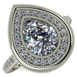 Kasey Pear Center Stone Milgrain Halo Bezel Pinch Diamond Ring