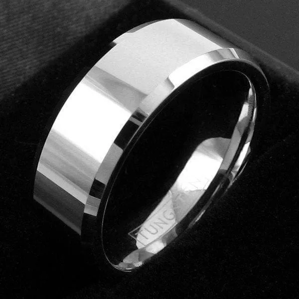 Kenzie Men's Tungsten Wedding Band With High Polished Center and Beveled Edges 8mm