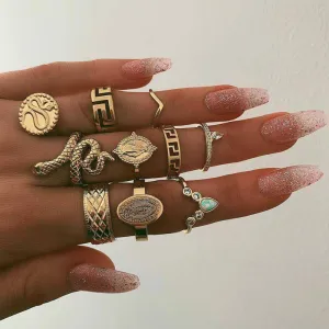 KMVEXO 10Pcs/Set Vintage Boho Snake Crystal Finger Rings Set Punk Bohemian Buddha Statue Stone Ring for Women Party Jewelry Gift