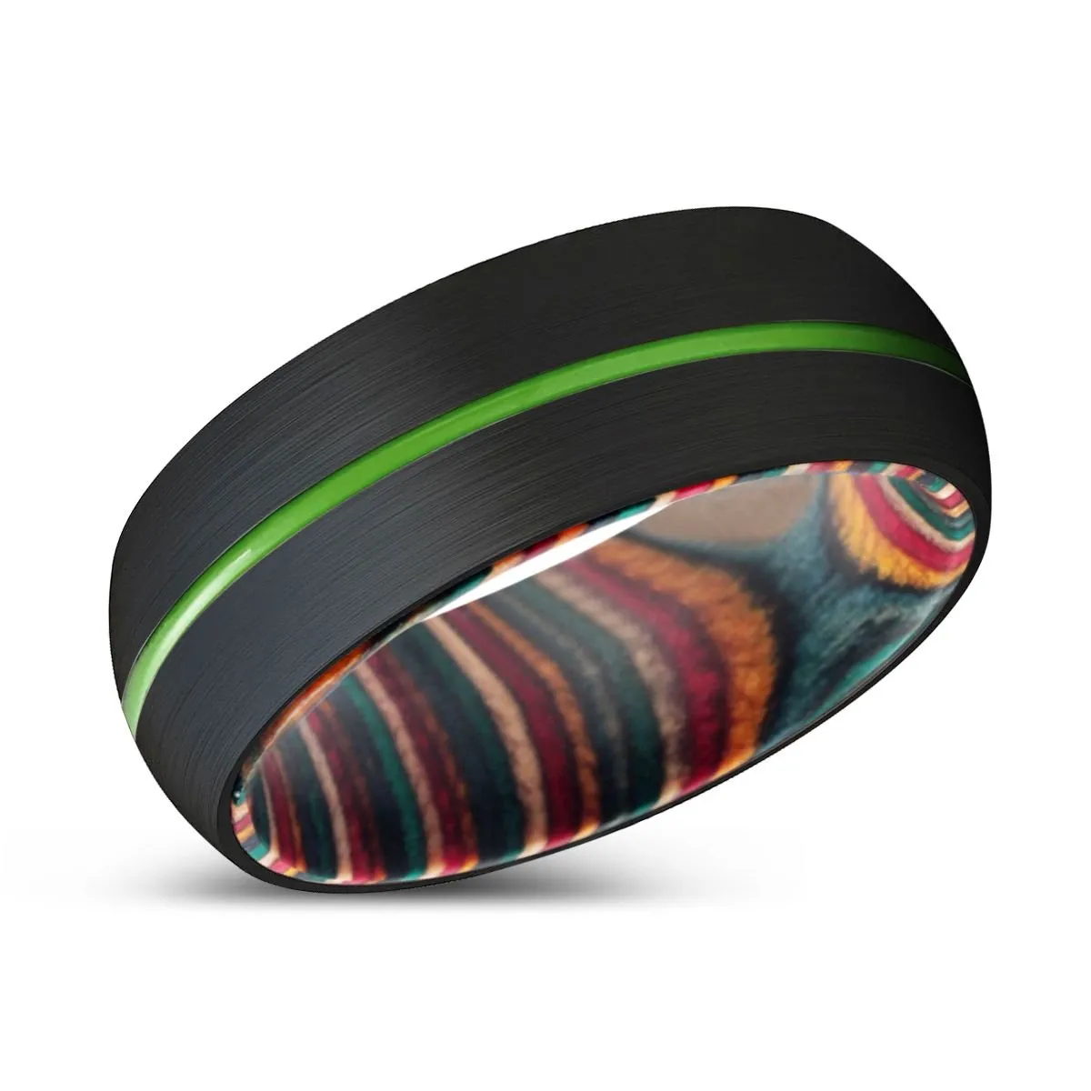 KOMODO | Multi Color Wood, Black Tungsten Ring, Green Groove, Domed