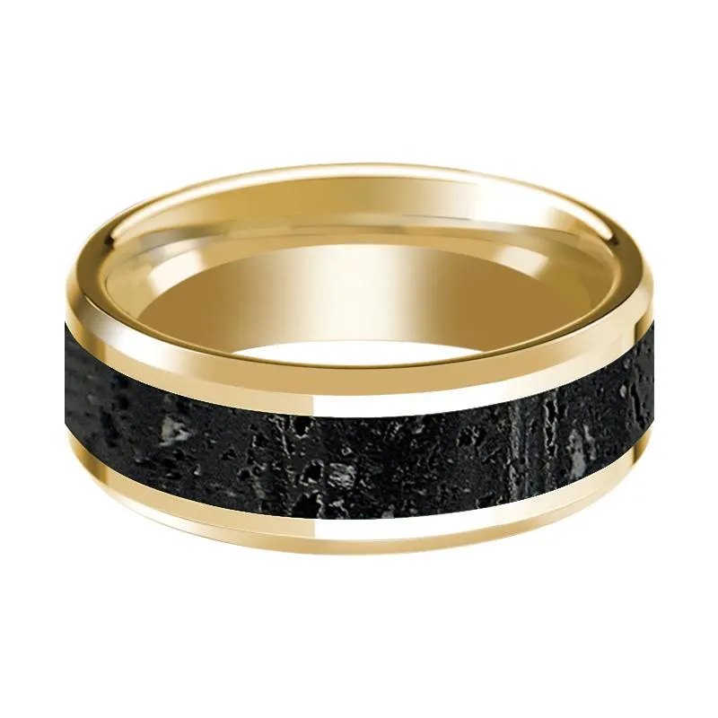 Lava Inlaid Men's 14k Yellow Gold Polished Wedding Band with Beveled Edges - 8MM