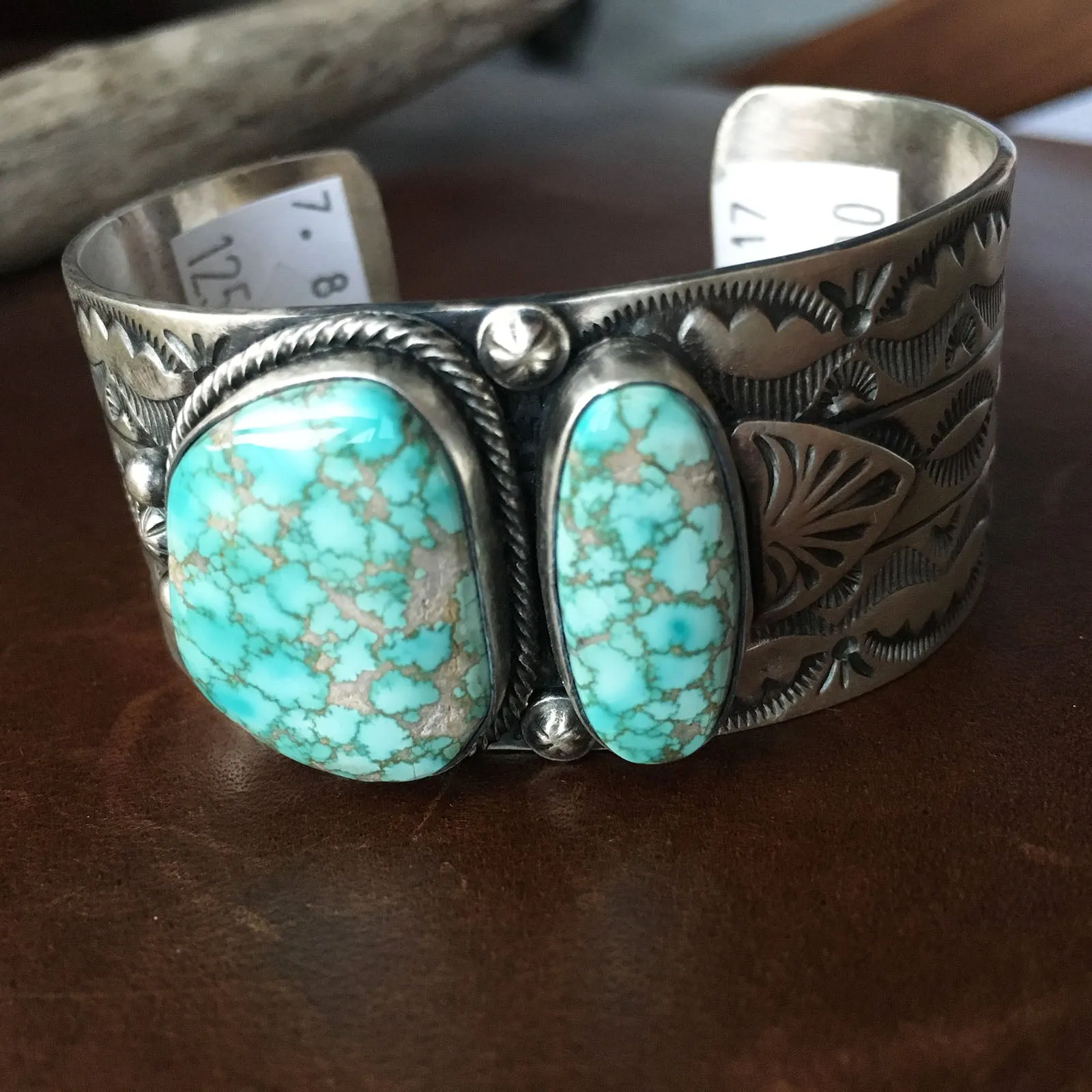Light Blue Carico Lake Turquoise Stamped Sterling Silver Overlay Bracelet Cuff