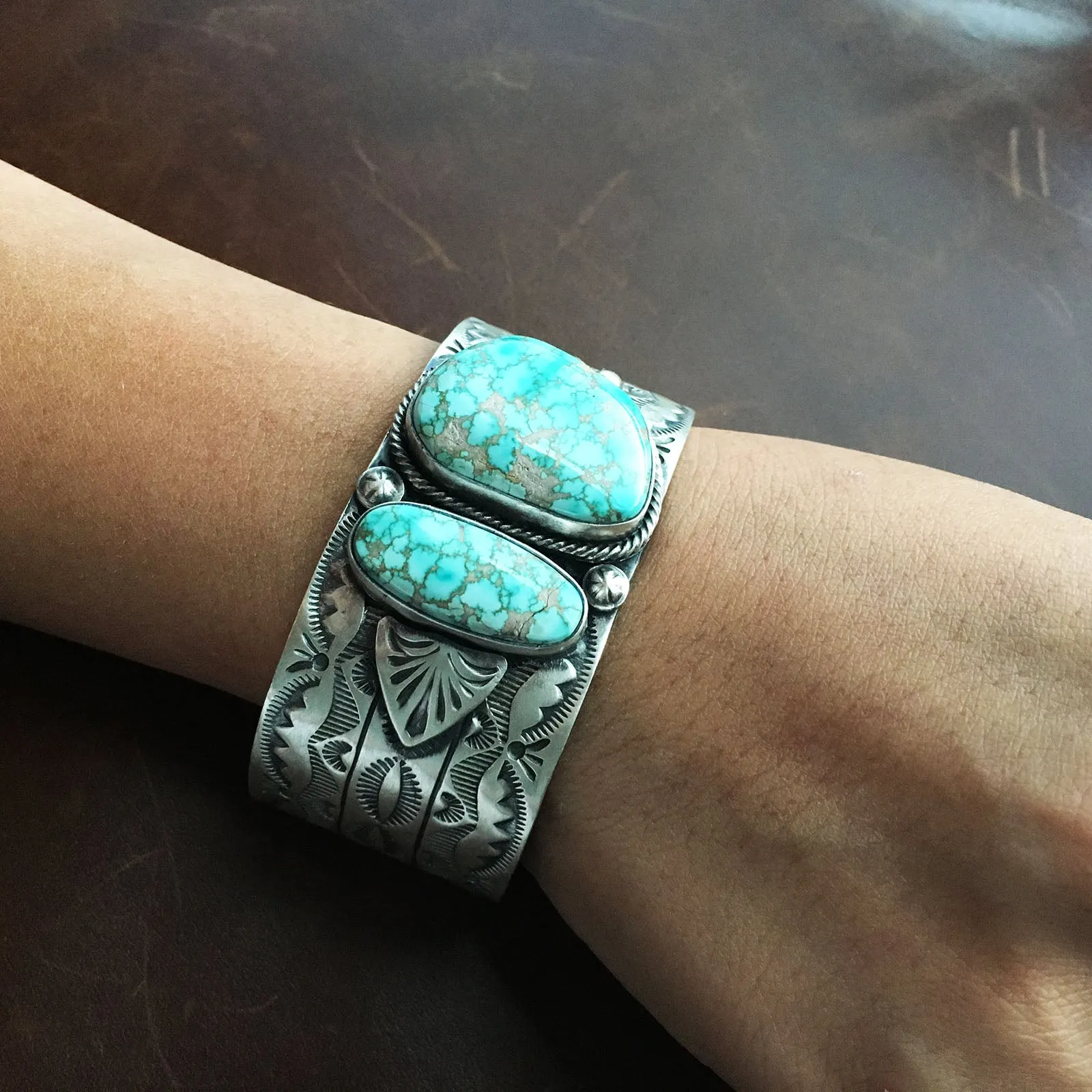 Light Blue Carico Lake Turquoise Stamped Sterling Silver Overlay Bracelet Cuff