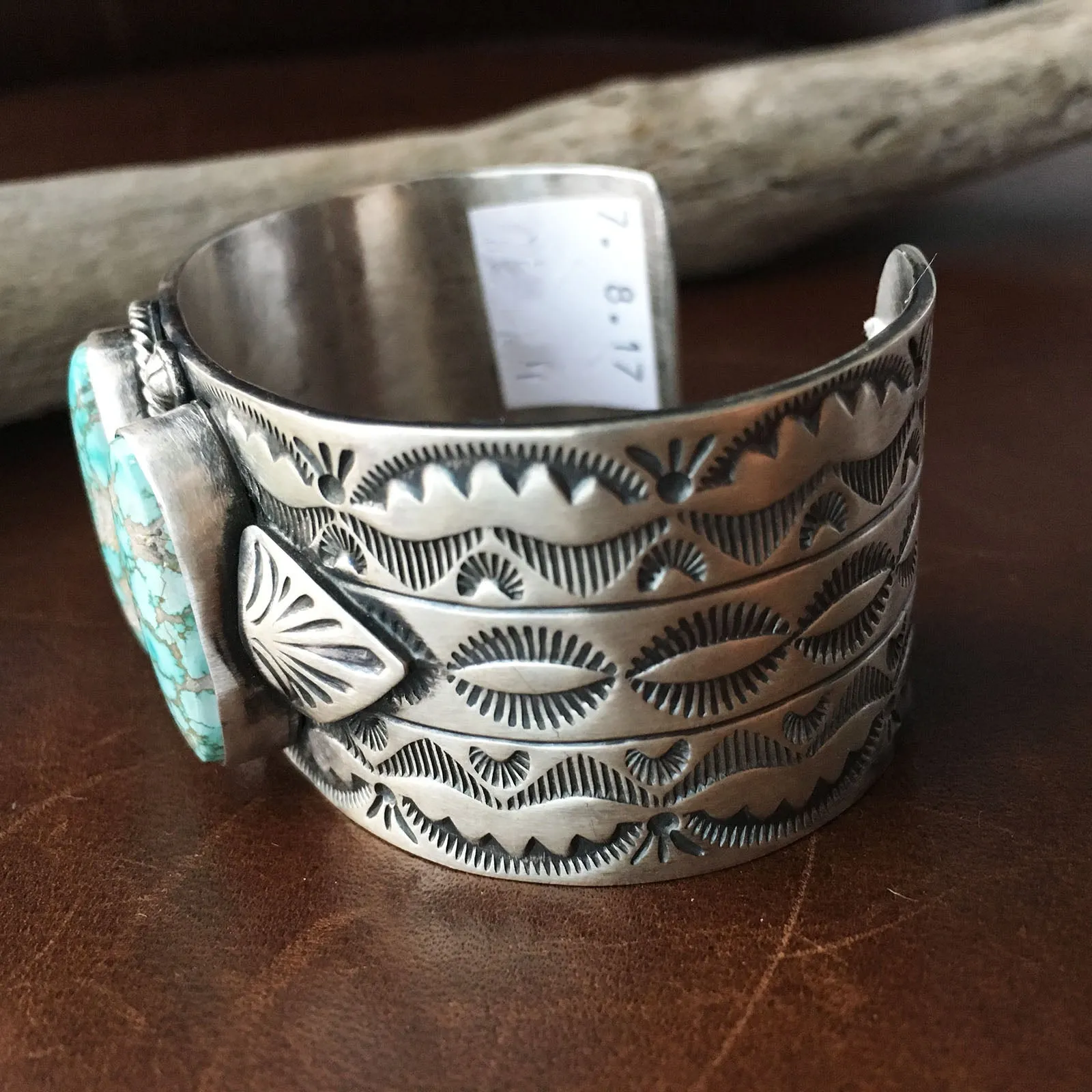 Light Blue Carico Lake Turquoise Stamped Sterling Silver Overlay Bracelet Cuff