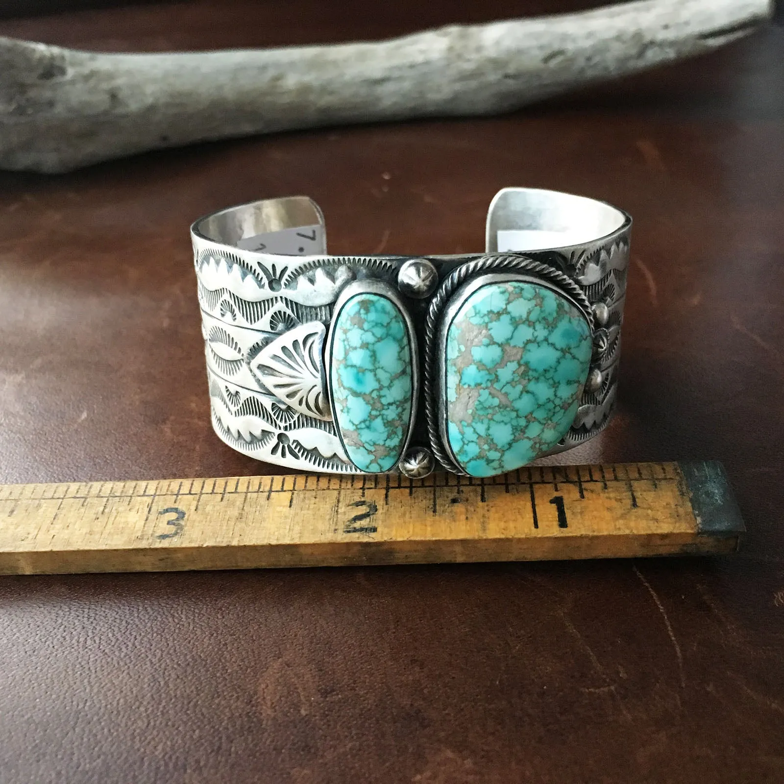 Light Blue Carico Lake Turquoise Stamped Sterling Silver Overlay Bracelet Cuff