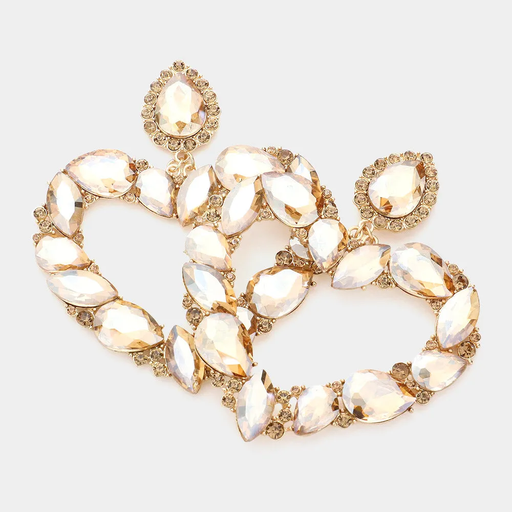 Light Topaz Crystal Stone Open Heart Pageant Earrings  | Statement Jewelry | 608272