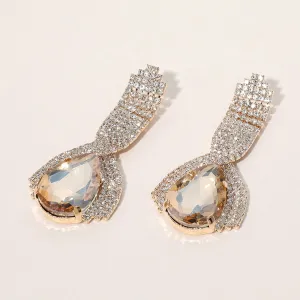 Light Topaz Teardrop Embellished with Clear Rhinestone Pageant Earrings  | Gold Prom Earrings  |  654096