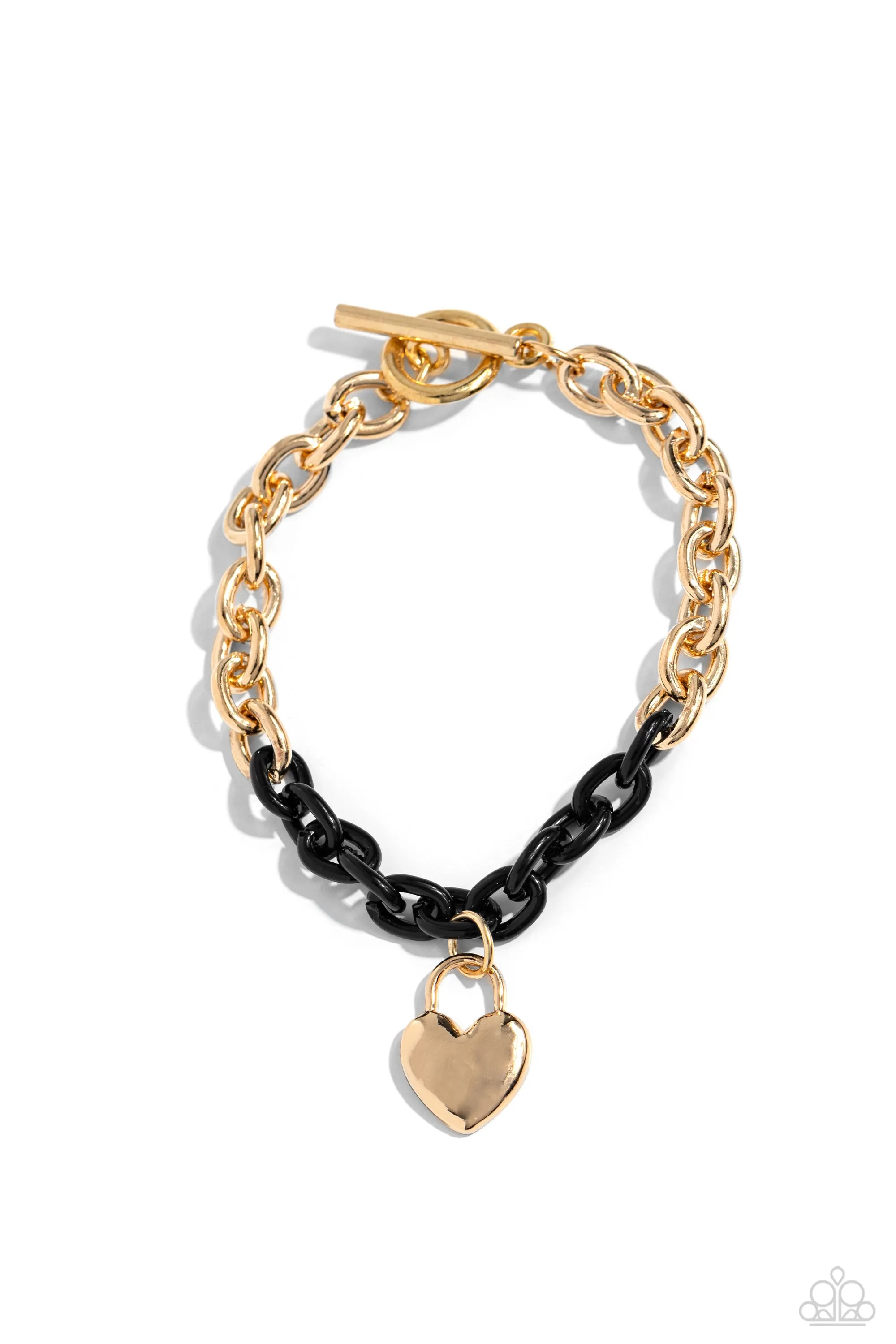 Locked and Loved - Black - Gold Painted Chain Heart Lock Paparazzi Toggle Bracelet