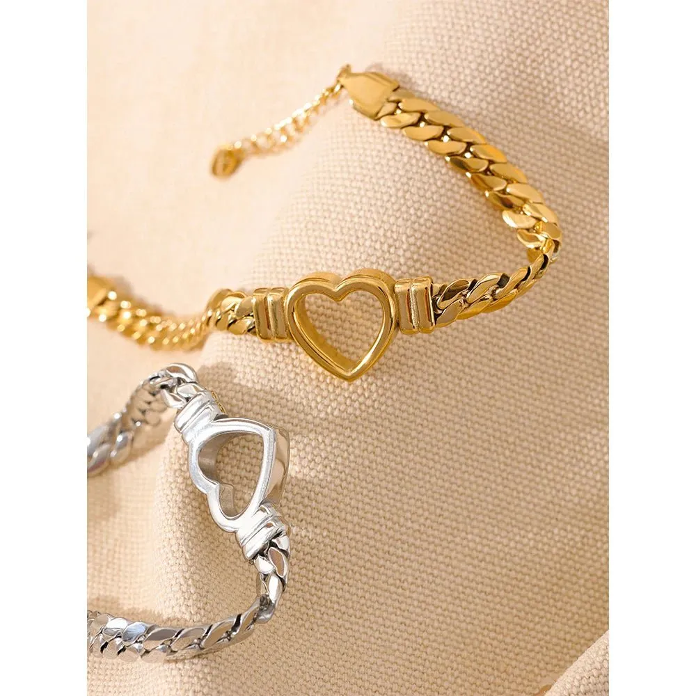 Love Heart Cuban Chain Stainless Steel Metal Bracelet