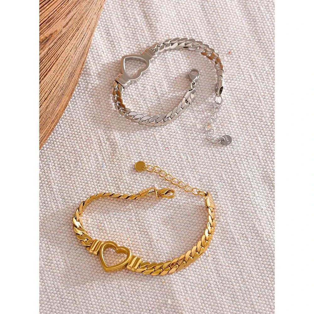 Love Heart Cuban Chain Stainless Steel Metal Bracelet