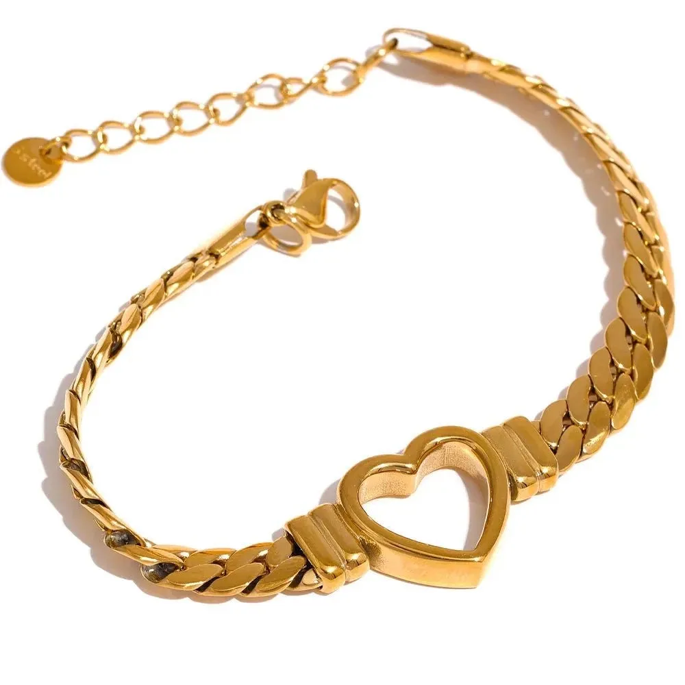 Love Heart Cuban Chain Stainless Steel Metal Bracelet