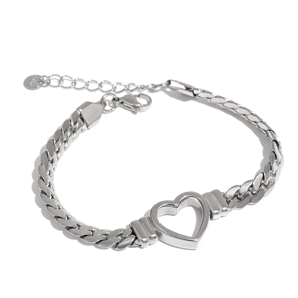 Love Heart Cuban Chain Stainless Steel Metal Bracelet