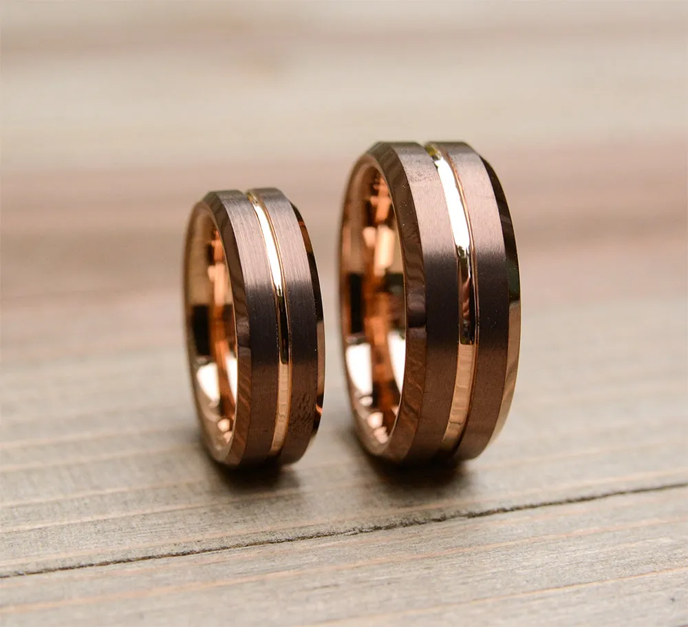 Match His and Hers Coffee & Rose Gold Tungsten Bands-Wedding Band Set