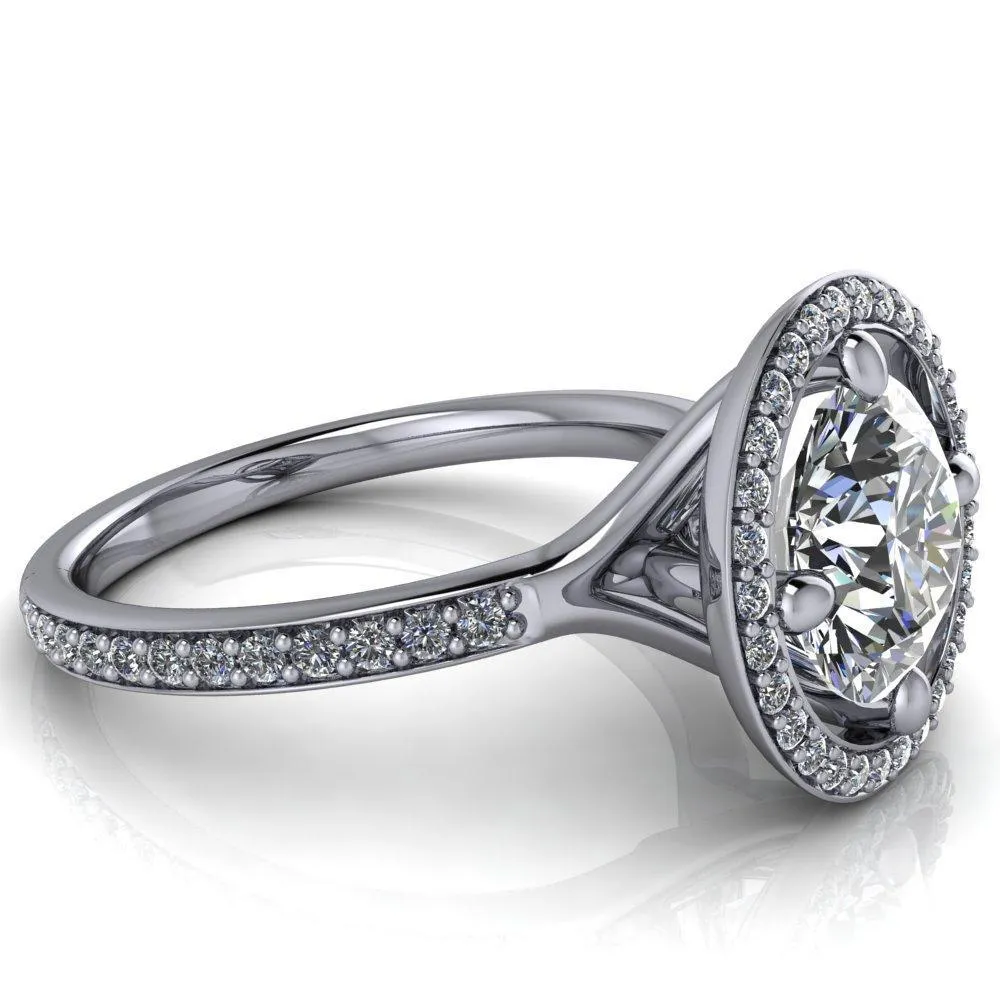 Melanie Round Center Stone Diamond Halo and Shoulders Ring