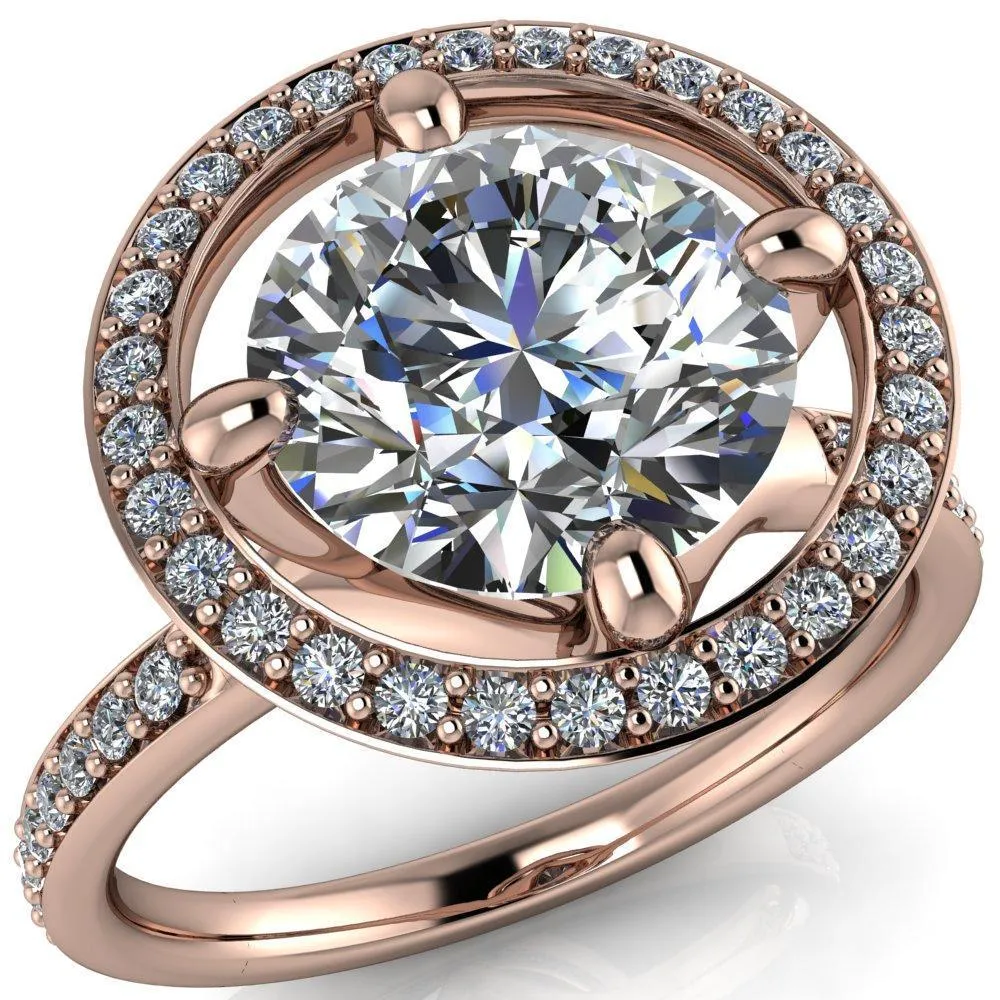 Melanie Round Center Stone Diamond Halo and Shoulders Ring