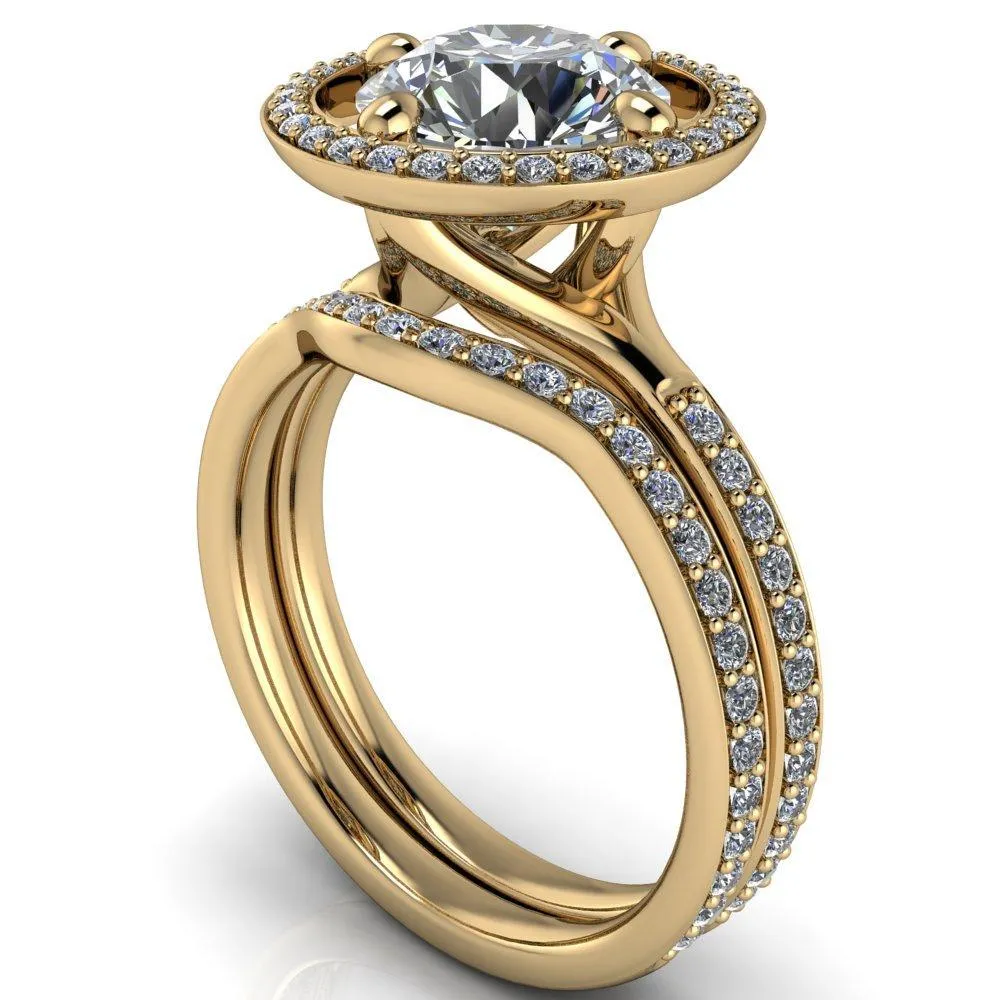 Melanie Round Center Stone Diamond Halo and Shoulders Ring