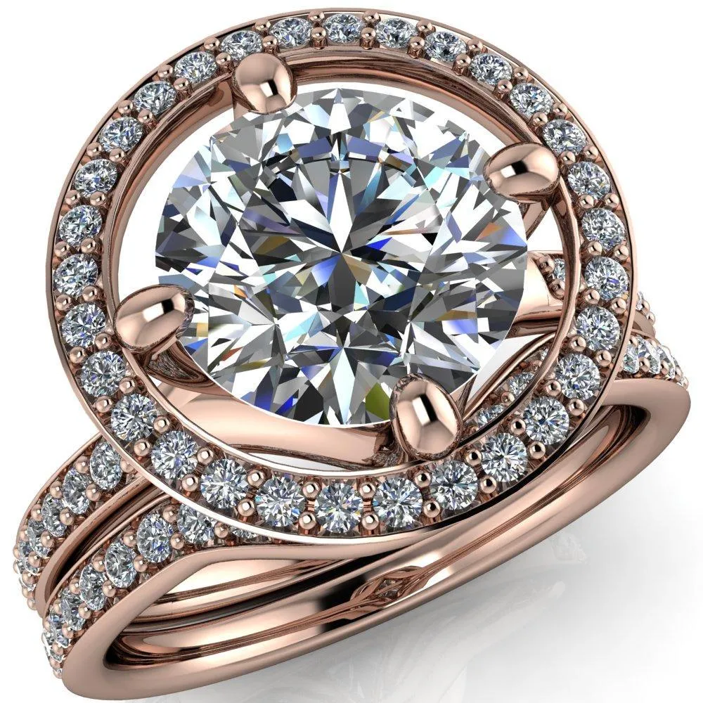 Melanie Round Center Stone Diamond Halo and Shoulders Ring