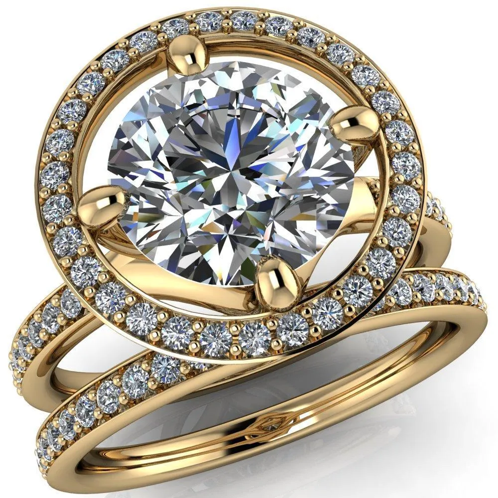 Melanie Round Center Stone Diamond Halo and Shoulders Ring
