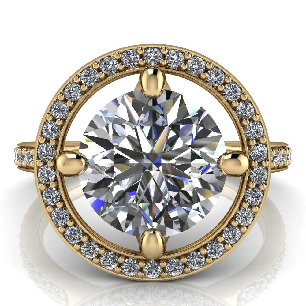 Melanie Round Center Stone Diamond Halo and Shoulders Ring