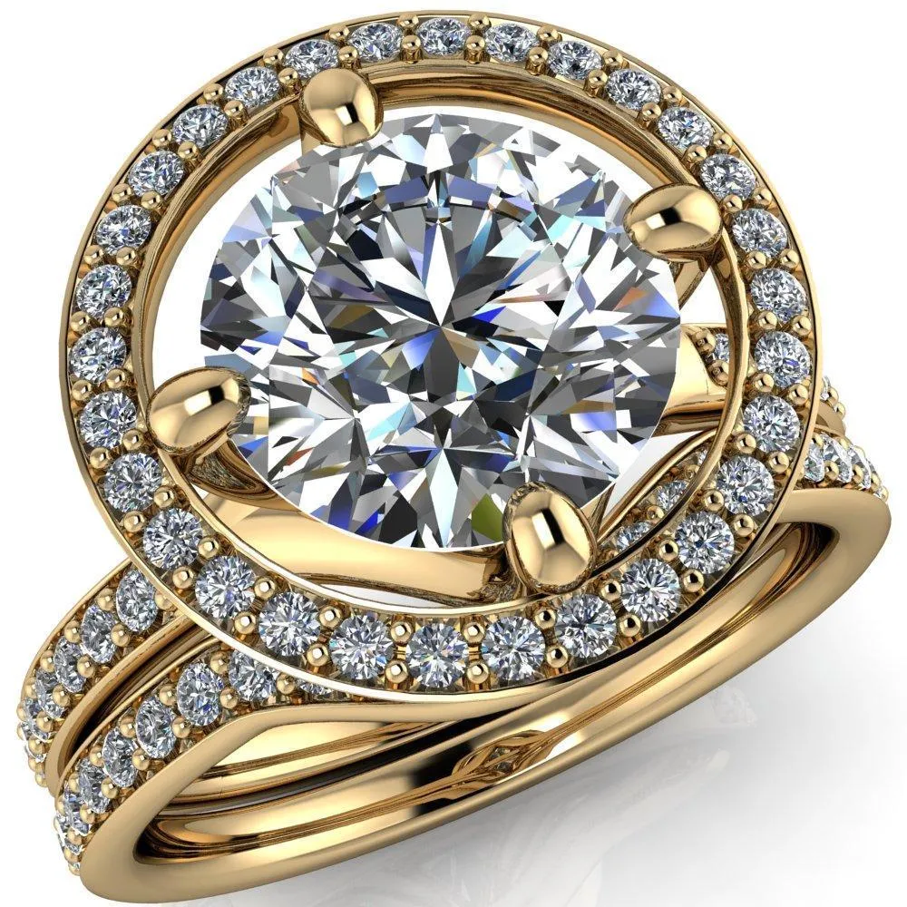 Melanie Round Center Stone Diamond Halo and Shoulders Ring