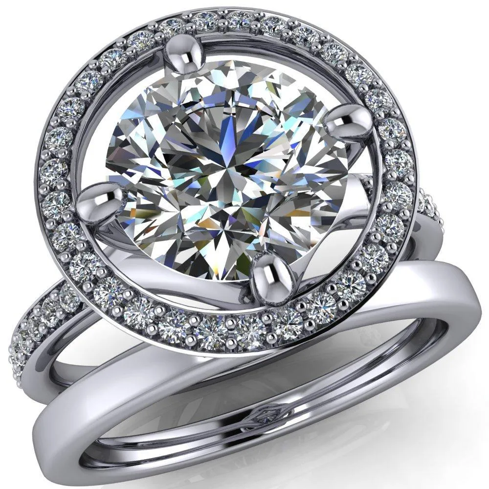 Melanie Round Center Stone Diamond Halo and Shoulders Ring