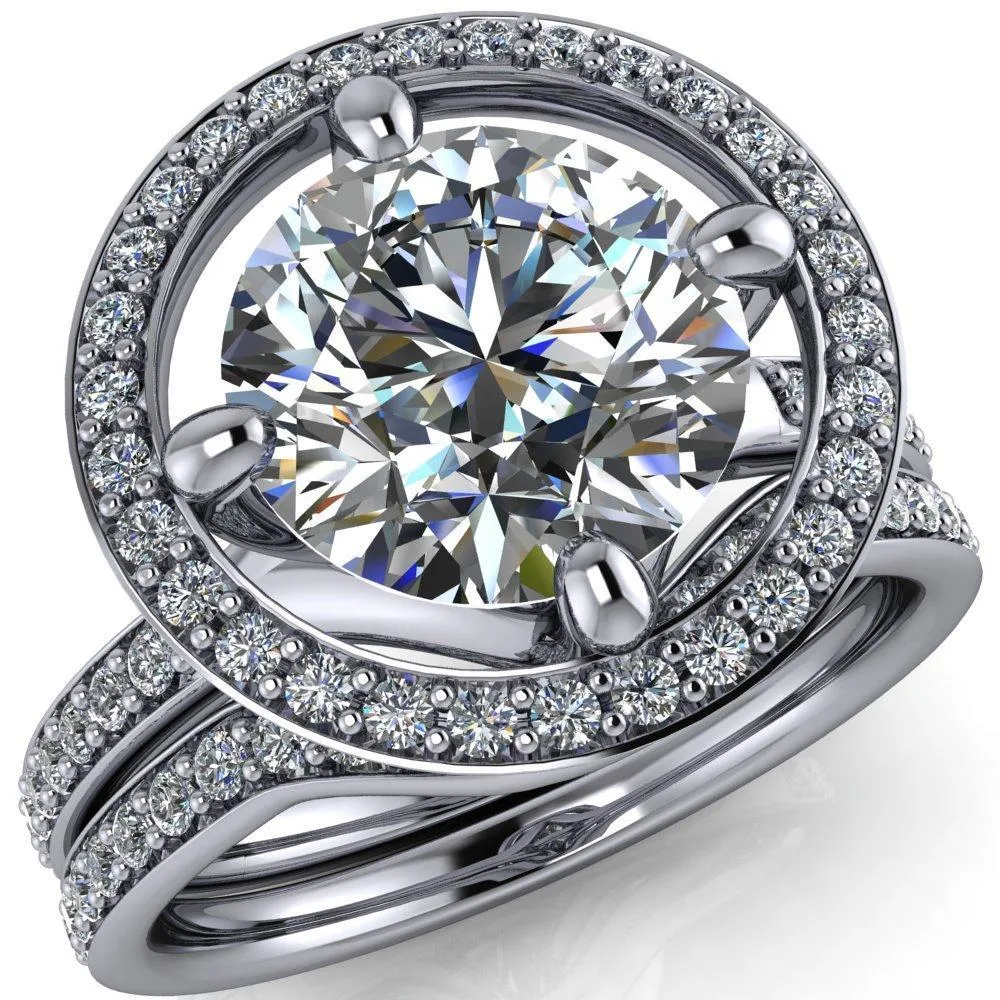 Melanie Round Center Stone Diamond Halo and Shoulders Ring