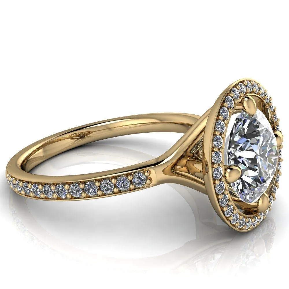 Melanie Round Center Stone Diamond Halo and Shoulders Ring