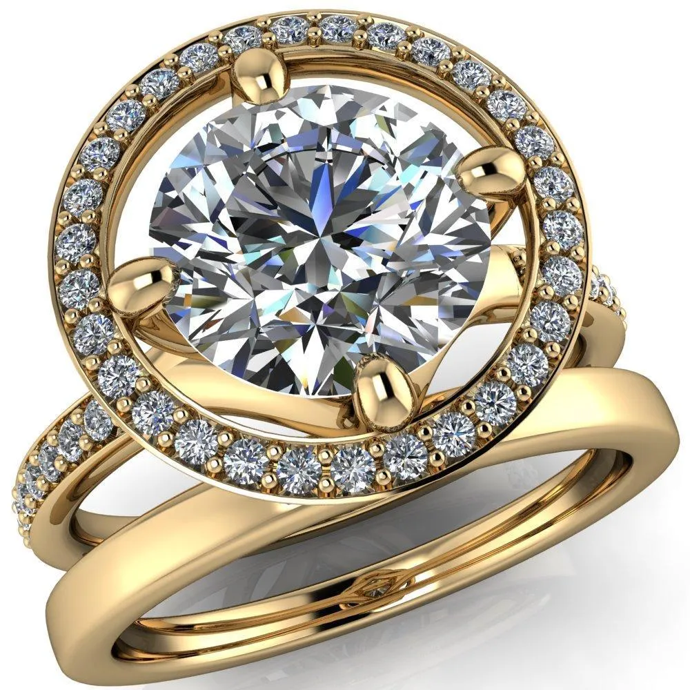 Melanie Round Center Stone Diamond Halo and Shoulders Ring