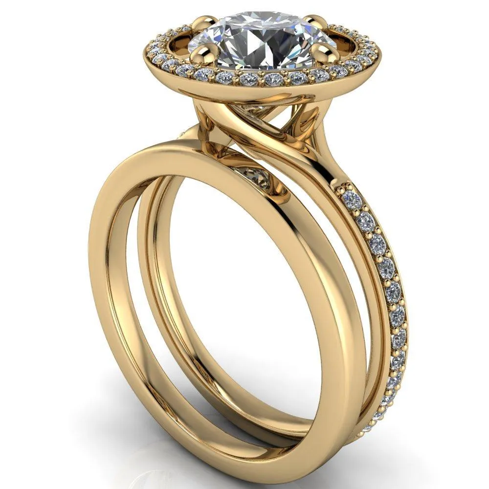 Melanie Round Center Stone Diamond Halo and Shoulders Ring