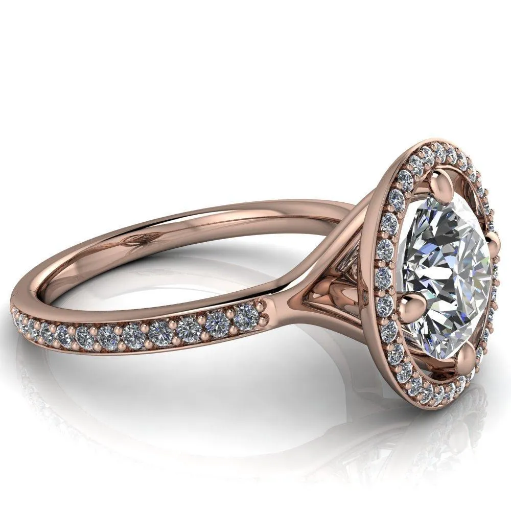 Melanie Round Center Stone Diamond Halo and Shoulders Ring