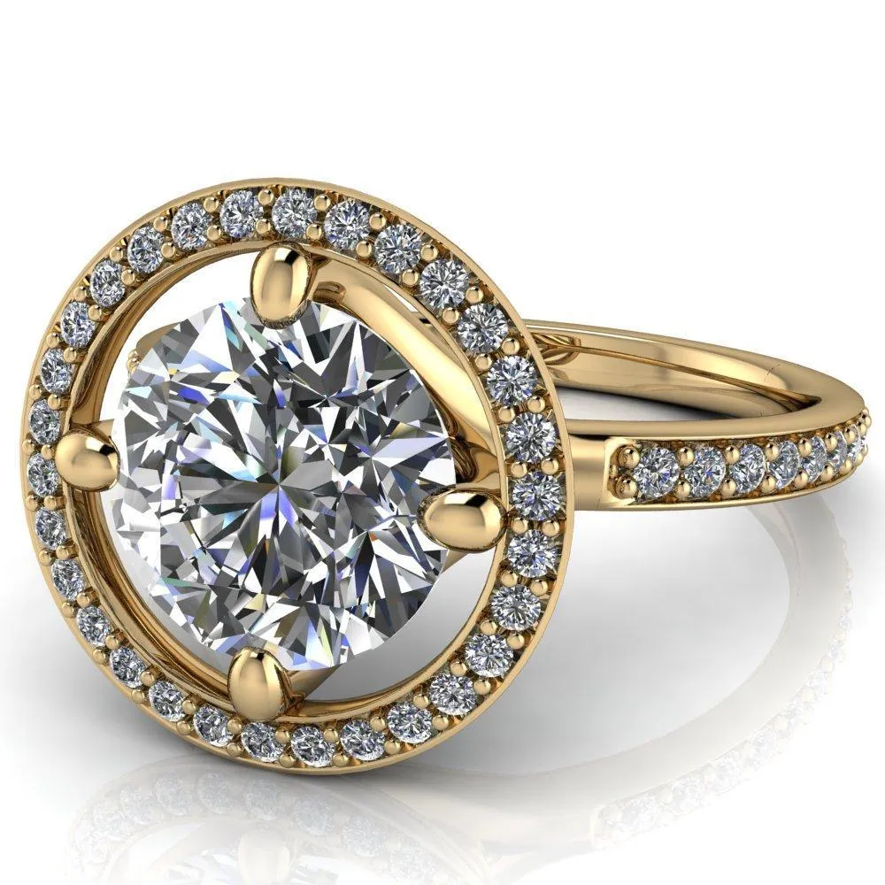 Melanie Round Center Stone Diamond Halo and Shoulders Ring