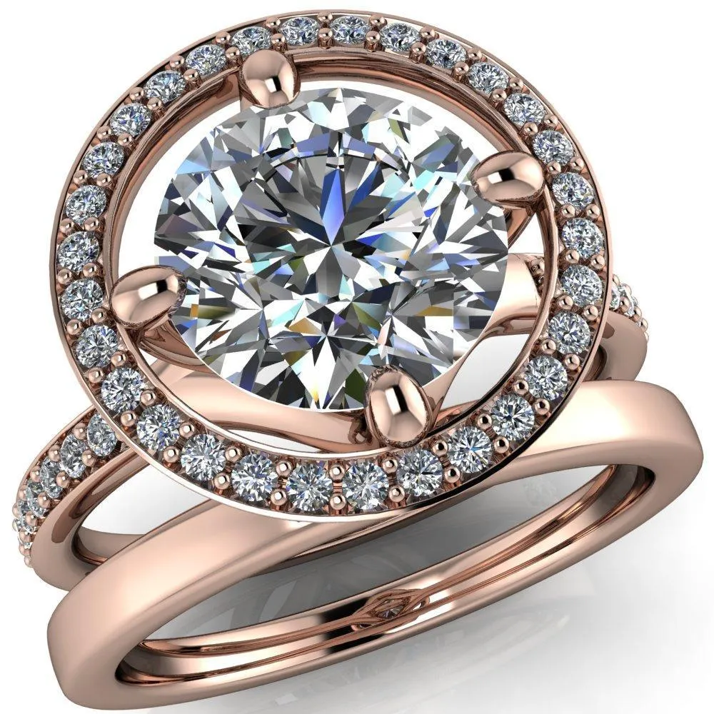 Melanie Round Center Stone Diamond Halo and Shoulders Ring