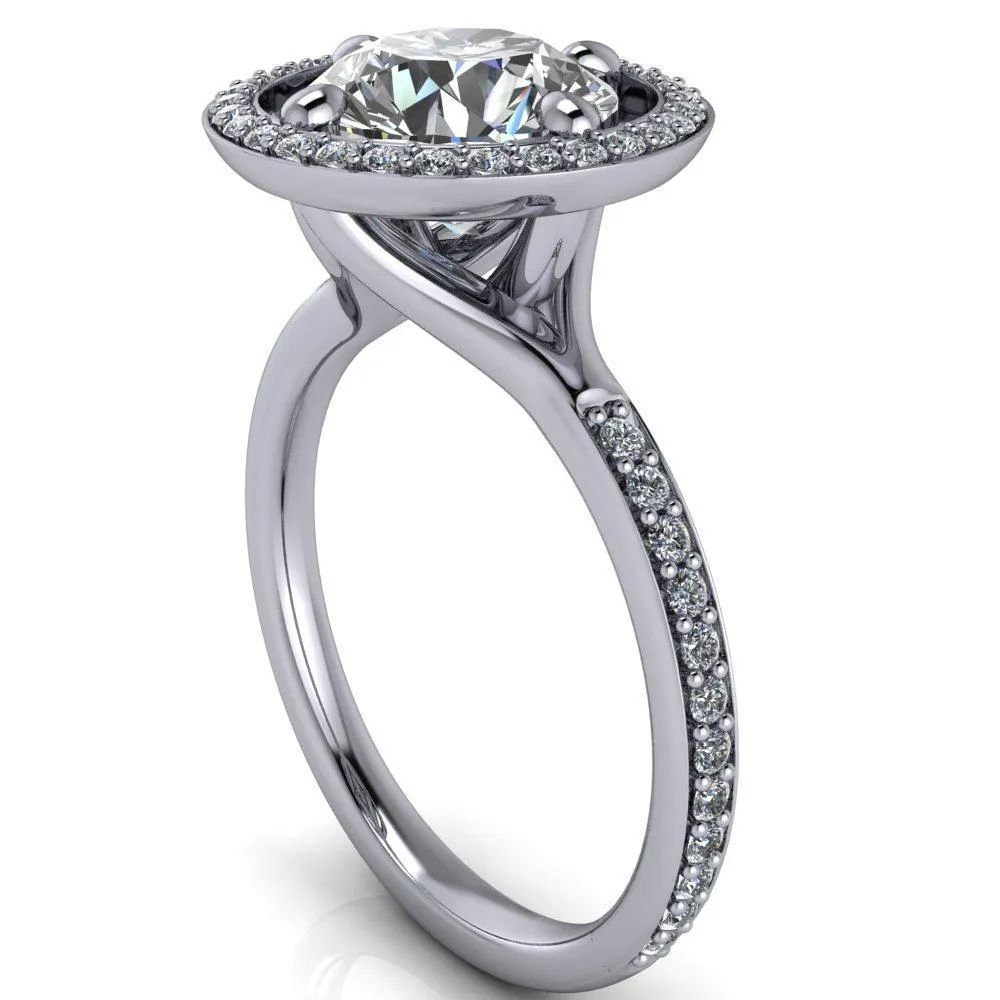 Melanie Round Center Stone Diamond Halo and Shoulders Ring