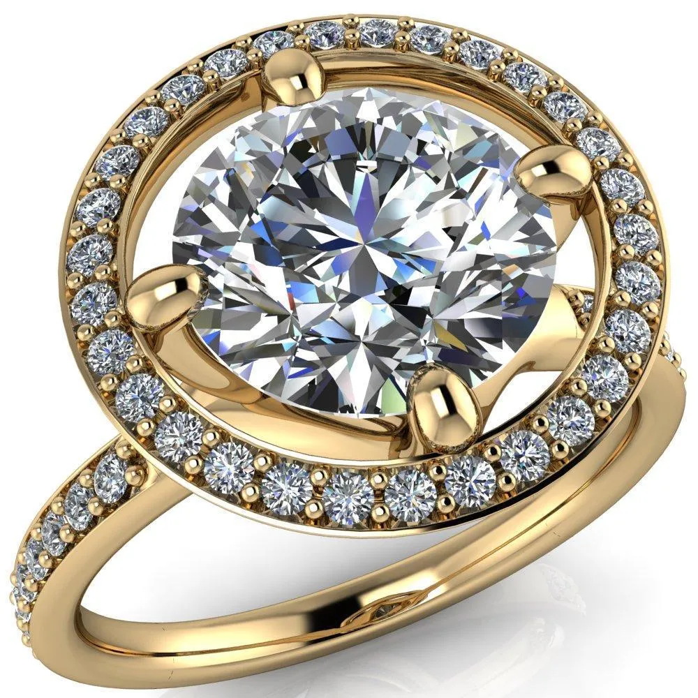 Melanie Round Center Stone Diamond Halo and Shoulders Ring