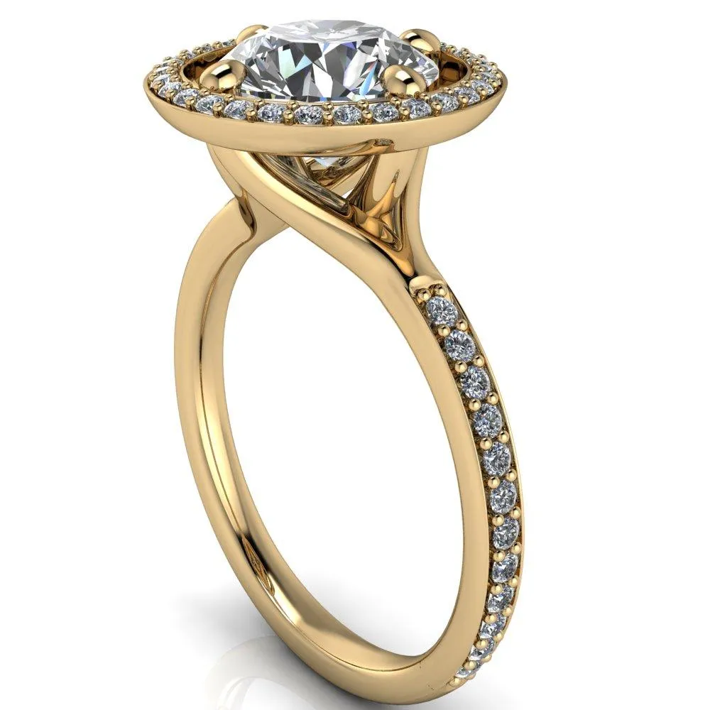 Melanie Round Center Stone Diamond Halo and Shoulders Ring