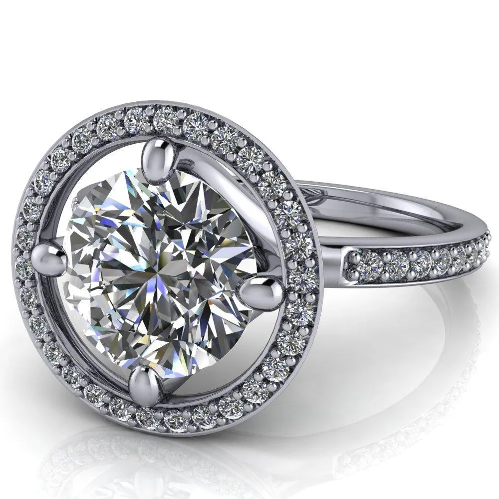 Melanie Round Center Stone Diamond Halo and Shoulders Ring