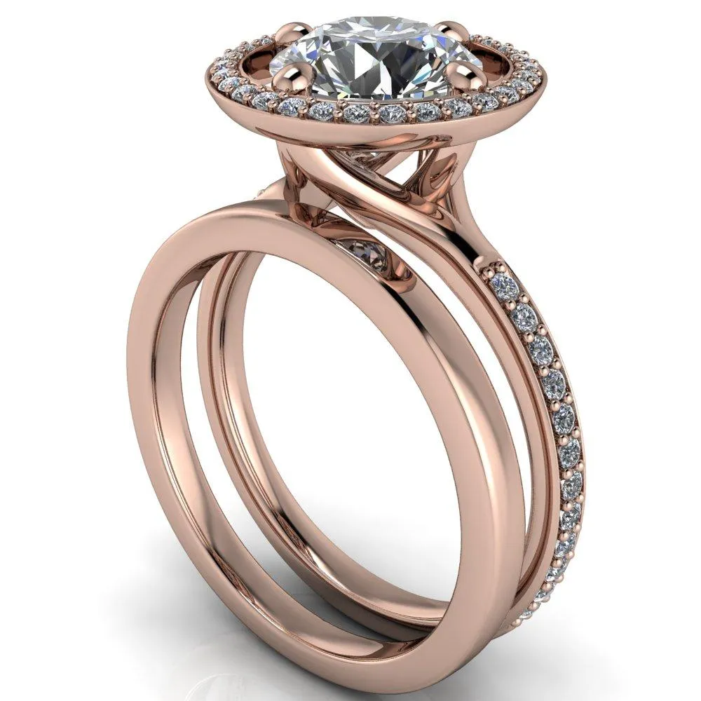 Melanie Round Center Stone Diamond Halo and Shoulders Ring