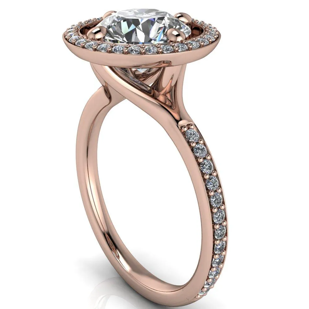 Melanie Round Center Stone Diamond Halo and Shoulders Ring